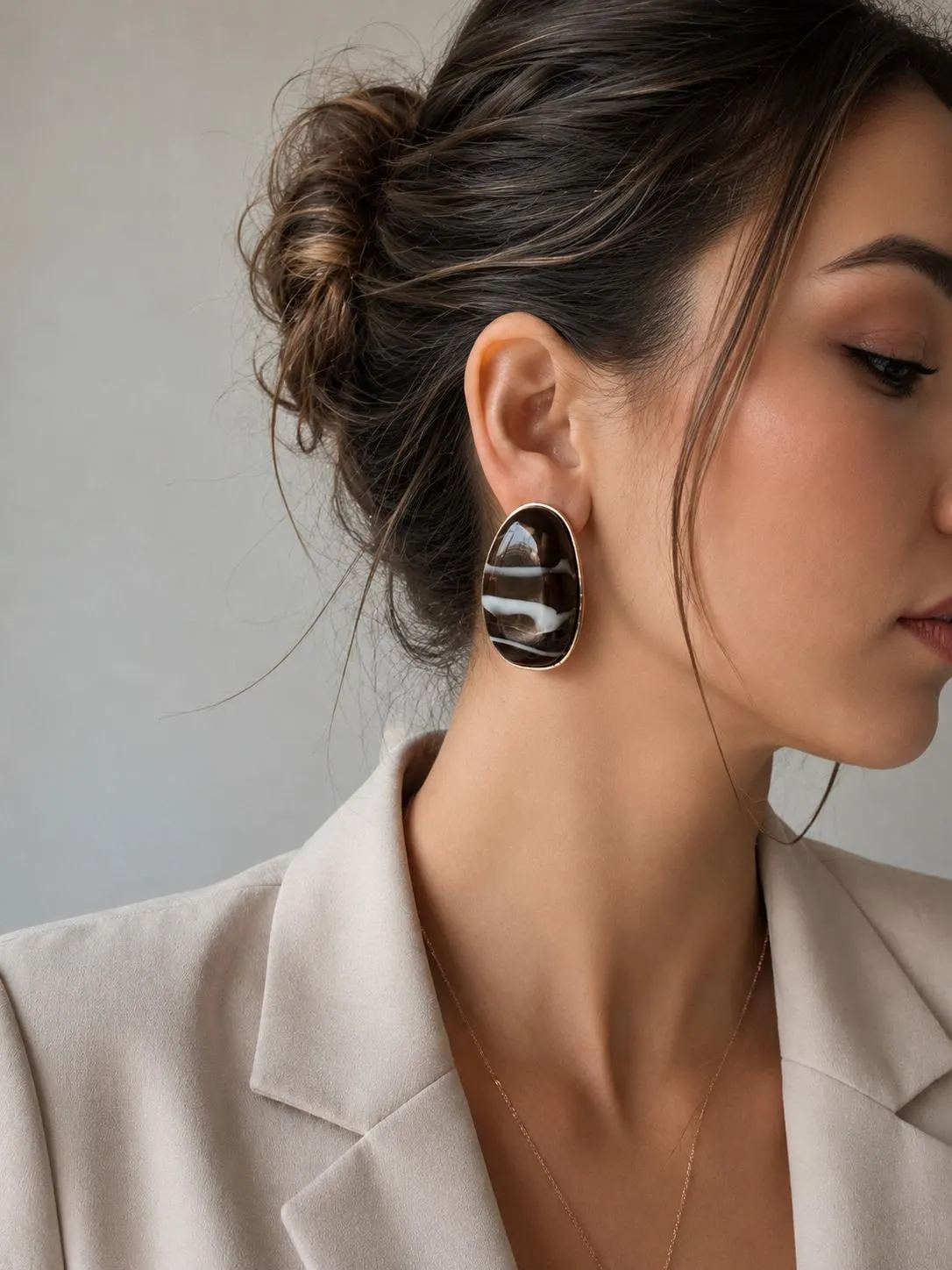 Amber Brown Resin Chunky Marbled Earrings • Statement Earrings • Oversized Oval Stud Earrings • Retro Acrylic Earrings •