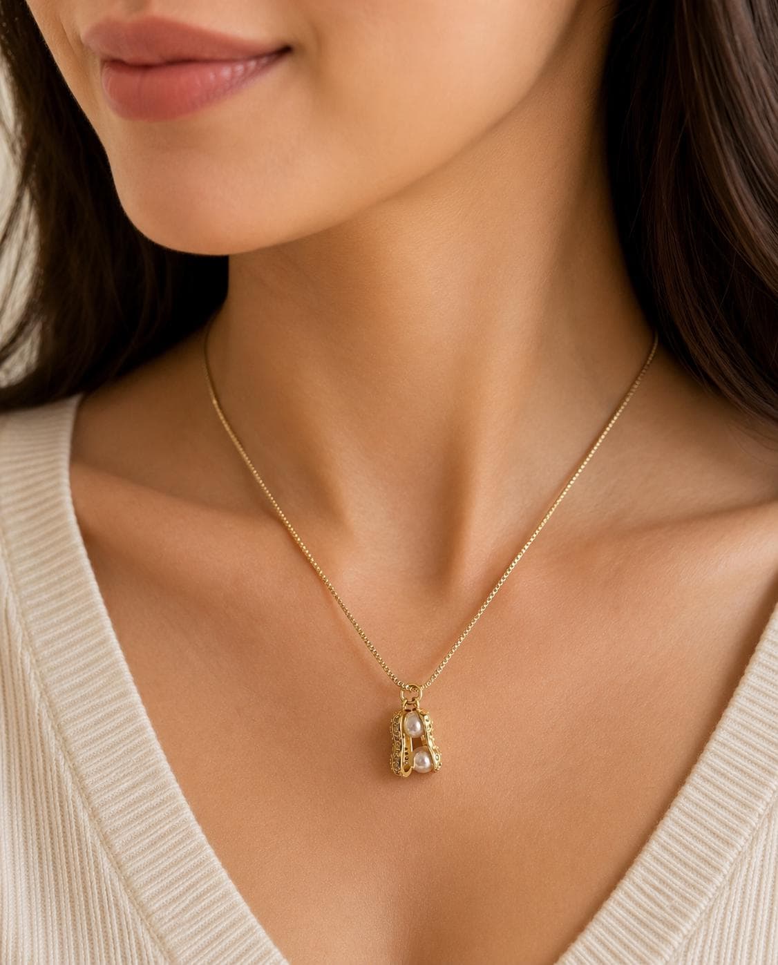 Twin Pearl Pod Necklace • Gold Pearl Charm Necklace • Unique Pendant Necklace • Mother Daughter Gift • Cute Pearl Jewelry