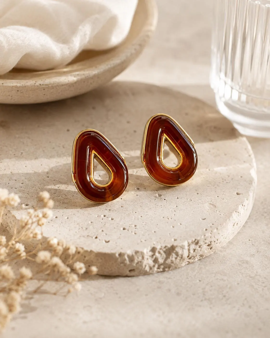 Chunky Amber Resin Teardrop Earrings • Sculptural Gold Statement Jewelry